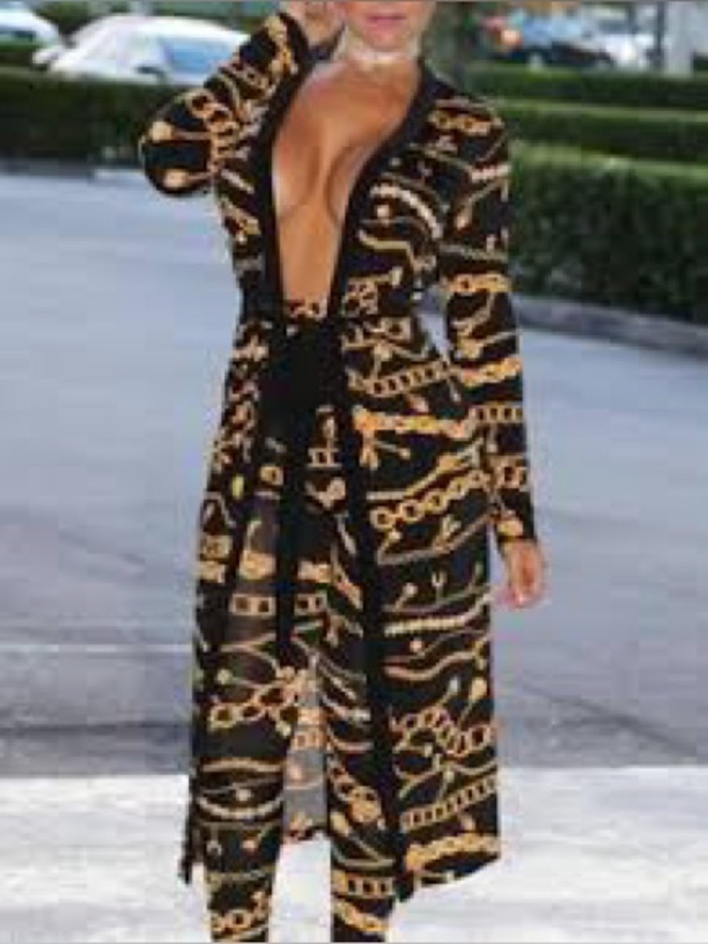 Black & Gold Chain-Print Long Sleeve two  pieces set